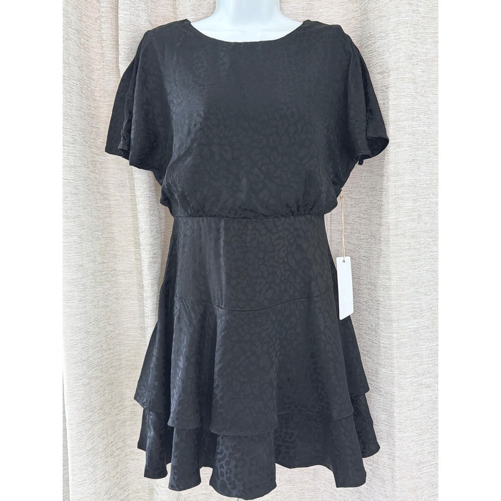Harper Wren Black Leopard Jacquard Tiered Ruffle Mini Dress Small NWT